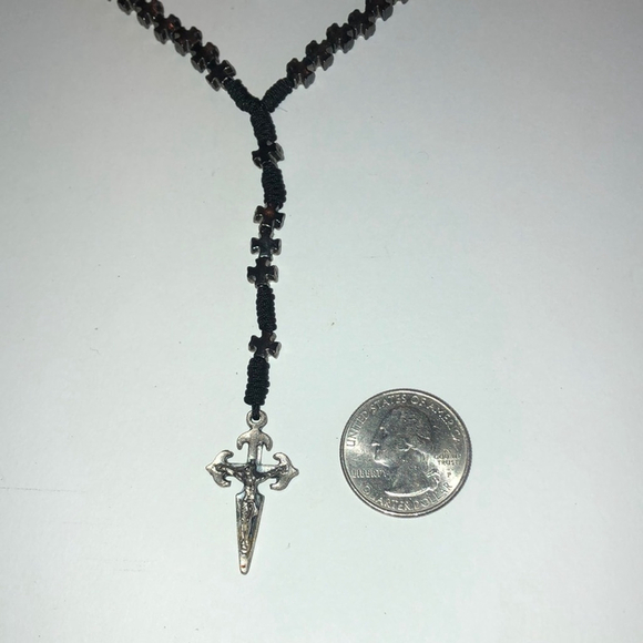 Vintage Silver Tone & Dark Metal Tone Beaded Boho Religious Cross Necklace - Picture 2 of 6